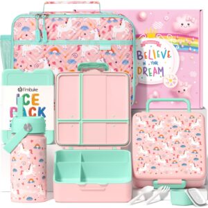 fimibuke kids bento lunch box with 4 compartments, insulated lunch bag, stainless steel insulated water bottle, ice pack & utensils, unicorn birthday gifts for ages 3-12 school toddler girls boys