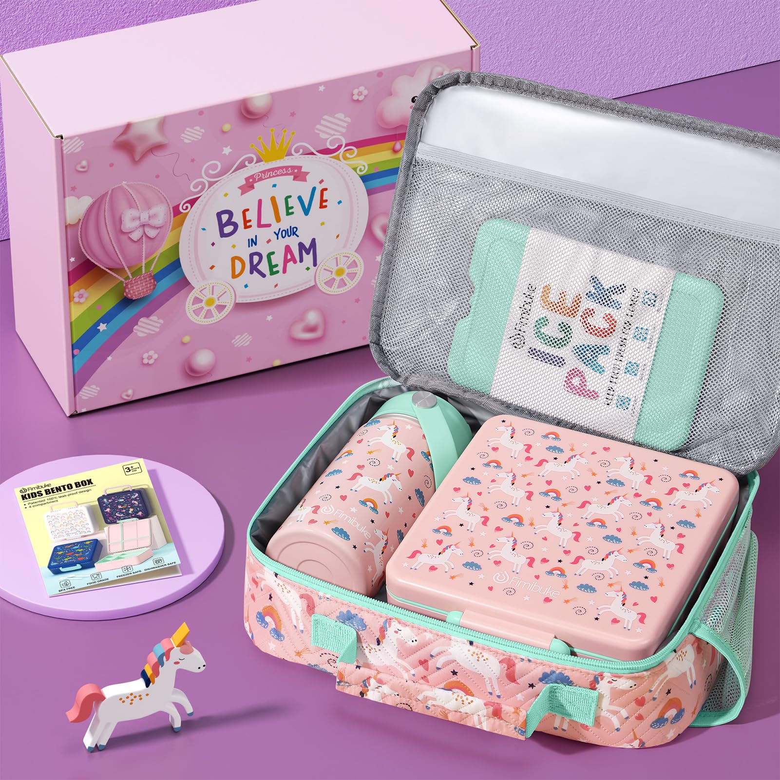 Fimibuke Kids Bento Lunch Box with 4 Compartments, Insulated lunch Bag, Stainless Steel Insulated Water Bottle, Ice Pack & Utensils, Unicorn Birthday Gifts for Ages 3-12 School Toddler Girls Boys