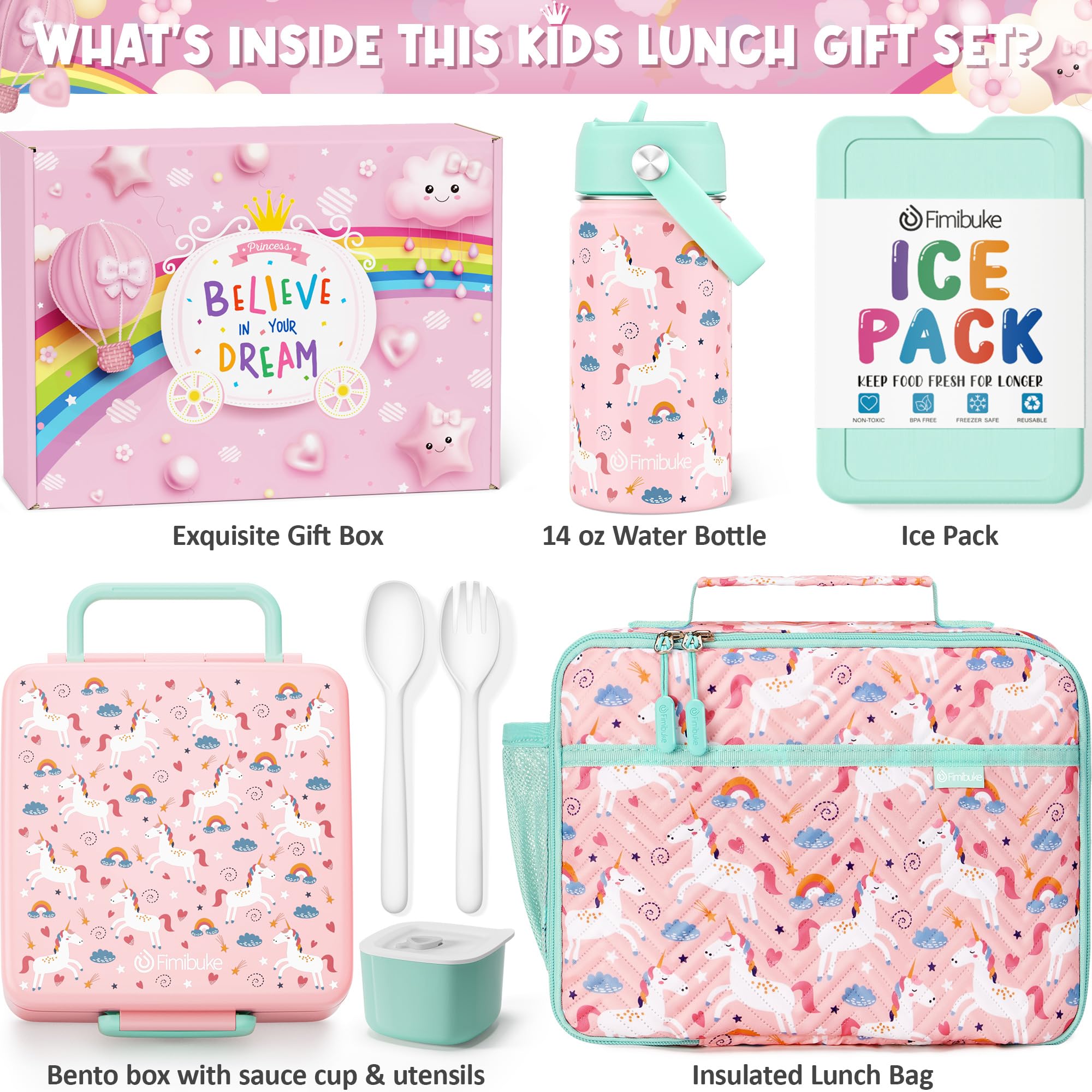 Fimibuke Kids Bento Lunch Box with 4 Compartments, Insulated lunch Bag, Stainless Steel Insulated Water Bottle, Ice Pack & Utensils, Unicorn Birthday Gifts for Ages 3-12 School Toddler Girls Boys