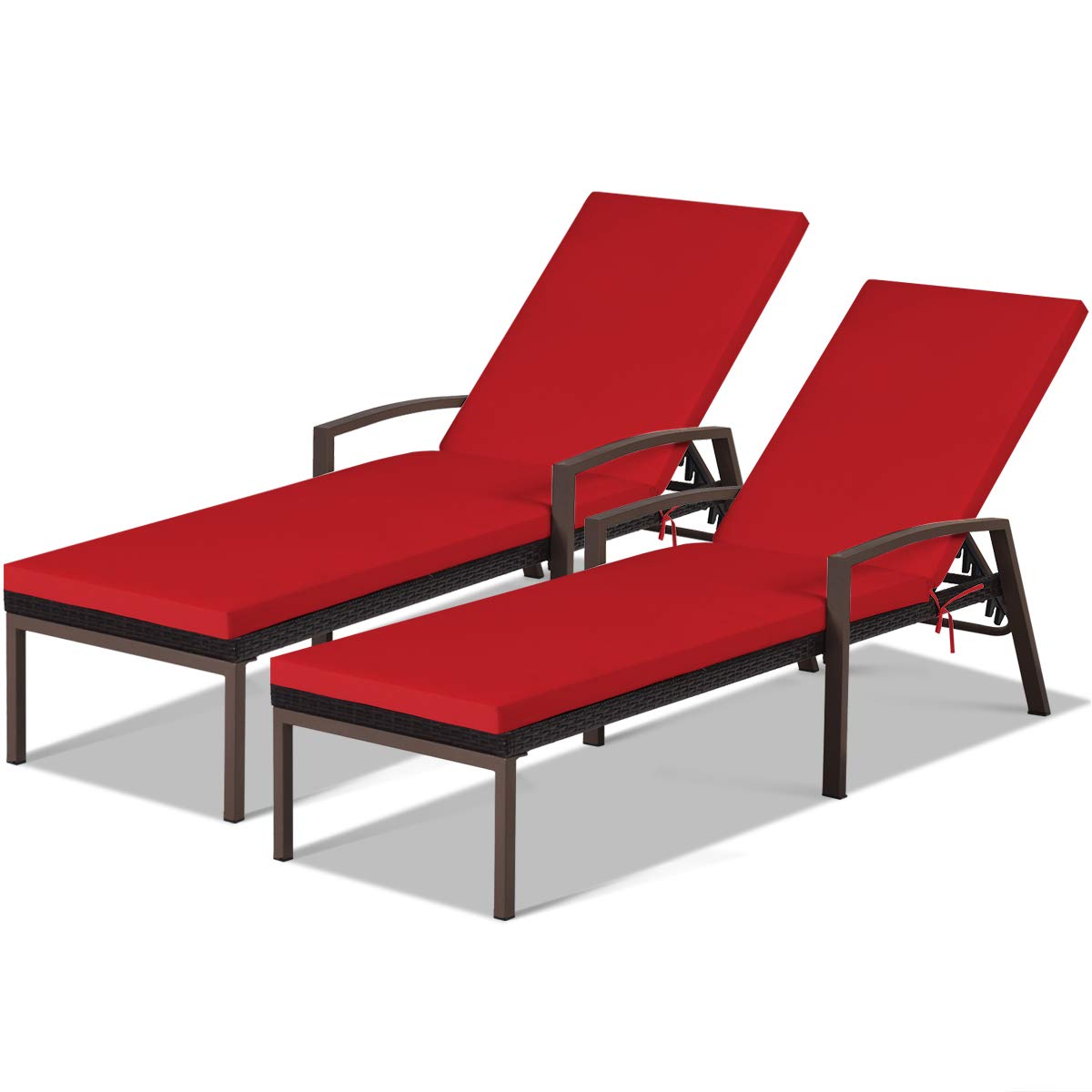 COSTWAY 2PCS Patio Rattan Lounge Chair, Back Adjustable (Red)