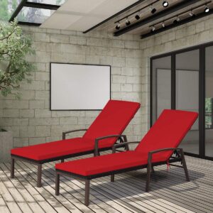 COSTWAY 2PCS Patio Rattan Lounge Chair, Back Adjustable (Red)