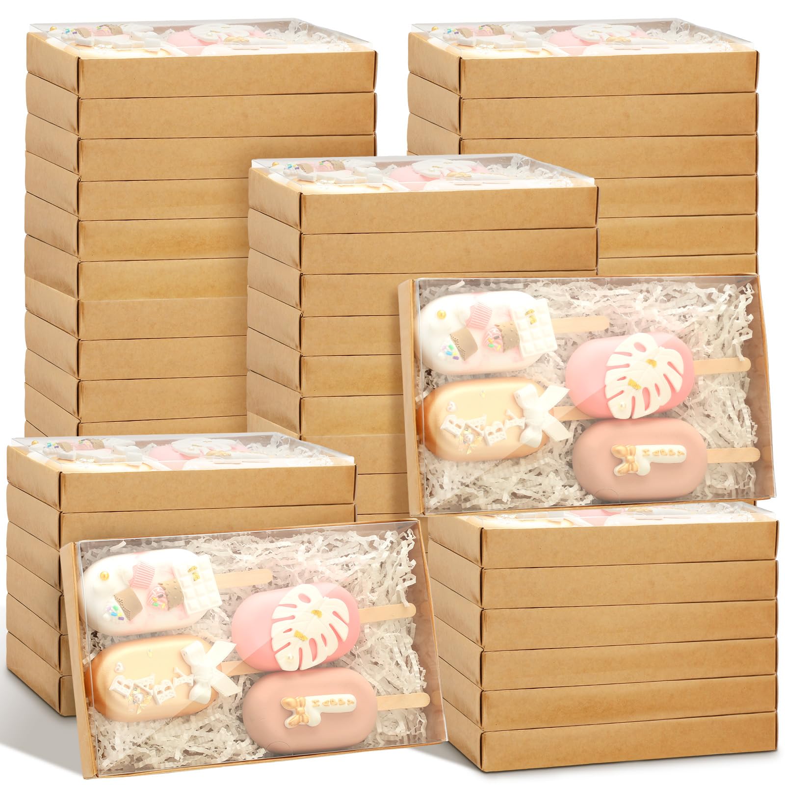 Karenhi 48 Pcs Clear Cookie Boxes with Full Window 9.5 x 5.9 x 1.3 in Bakery Treat Boxes Macaron Chocolate Donuts Pastry Clear Lids Packing Boxes for Mother's Day Wedding Grad Party(Brown)