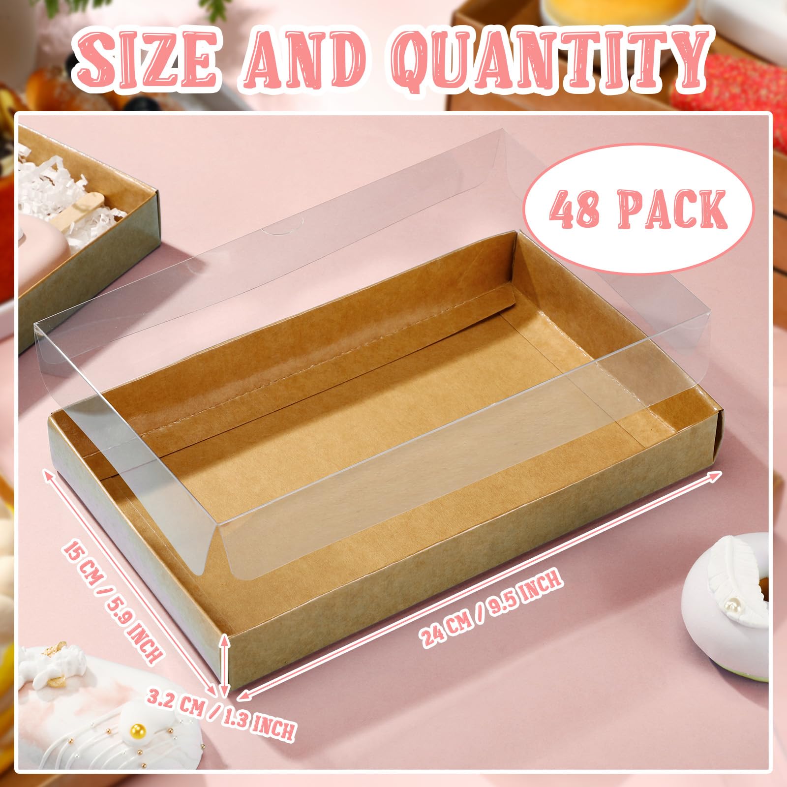 Karenhi 48 Pcs Clear Cookie Boxes with Full Window 9.5 x 5.9 x 1.3 in Bakery Treat Boxes Macaron Chocolate Donuts Pastry Clear Lids Packing Boxes for Mother's Day Wedding Grad Party(Brown)