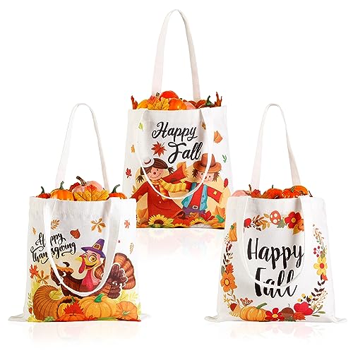 GreenPine 3 Pack Fall Canvas Tote Bags Turkey Pumpkins Tote Bag Thanksgiving scarecrow Reusable Cotton Handbag Grocery Bags for Shopping Market Travel Beach Autumn Harvest Party Favors, 13" x 13"