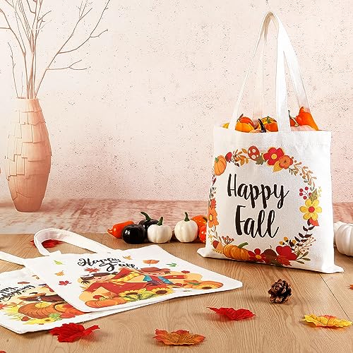 GreenPine 3 Pack Fall Canvas Tote Bags Turkey Pumpkins Tote Bag Thanksgiving scarecrow Reusable Cotton Handbag Grocery Bags for Shopping Market Travel Beach Autumn Harvest Party Favors, 13" x 13"