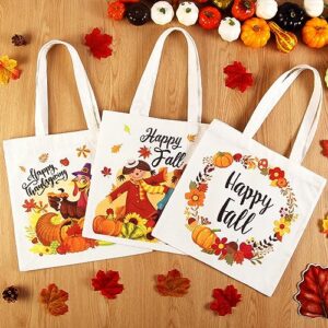 GreenPine 3 Pack Fall Canvas Tote Bags Turkey Pumpkins Tote Bag Thanksgiving scarecrow Reusable Cotton Handbag Grocery Bags for Shopping Market Travel Beach Autumn Harvest Party Favors, 13" x 13"