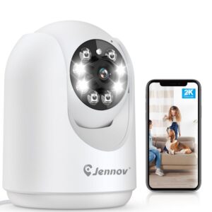 jennov 2k pan/tilt indoor cameras for home security - 2.4 ghz pet dog camera with phone app, wifi baby camera monitor, color night vision, motion detection, auto tracking, compatible with alexa
