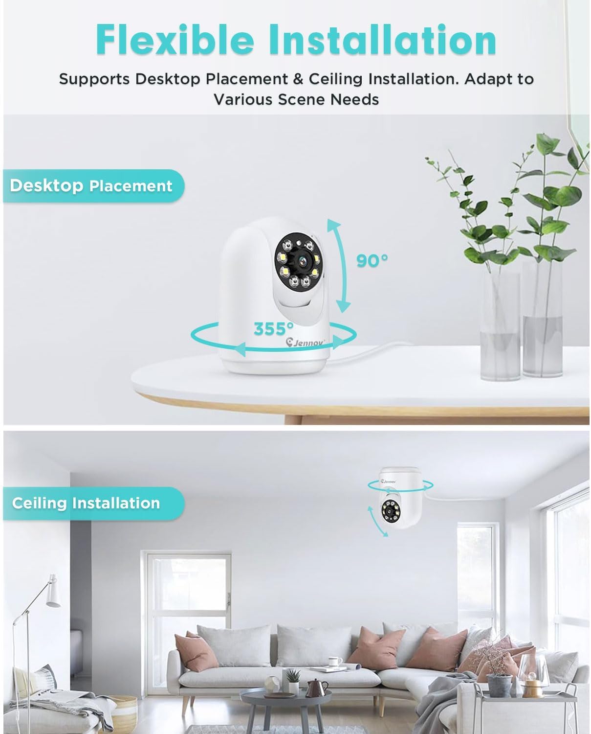 Jennov 2K Pan/Tilt Indoor Cameras for Home Security - 2.4 GHz Pet Dog Camera with Phone App, WiFi Baby Camera Monitor, Color Night Vision, Motion Detection, Auto Tracking, Compatible with Alexa