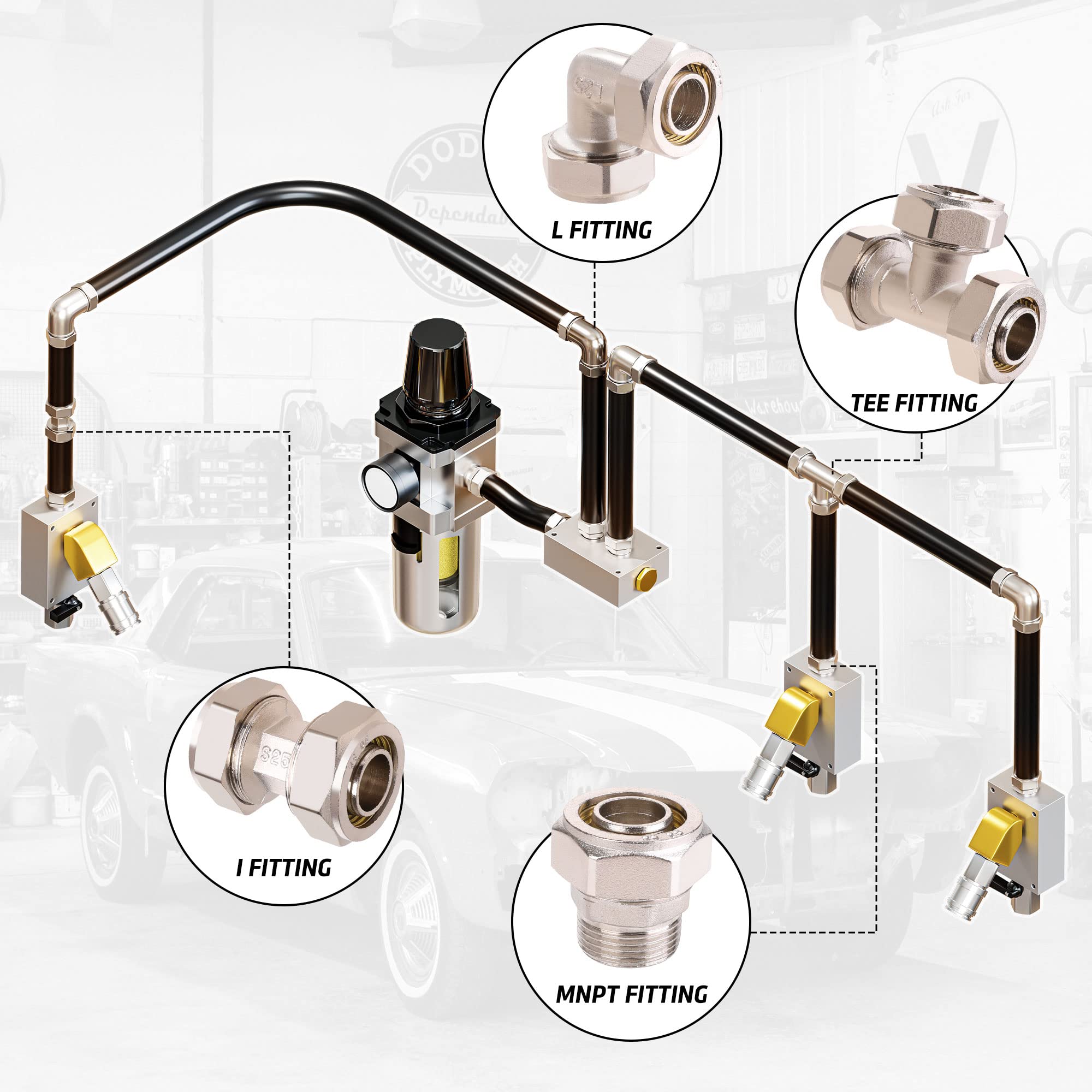 ANCIMOON 2PC 3/4’’ Elbow Air Piping Fittings, 3/4’’ Tubing x 3/4’’ Tubing, Brass-Nickel Plated, 200PSI, Air Tubing Fittings For Shop Garage Compressed Air line System Kit