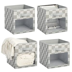 mdesign fabric nursery/playroom closet storage organizer bin box, front handle/window for cube furniture shelving unit, hold toys, clothes, diapers, bibs, 4 pack, gray checkered