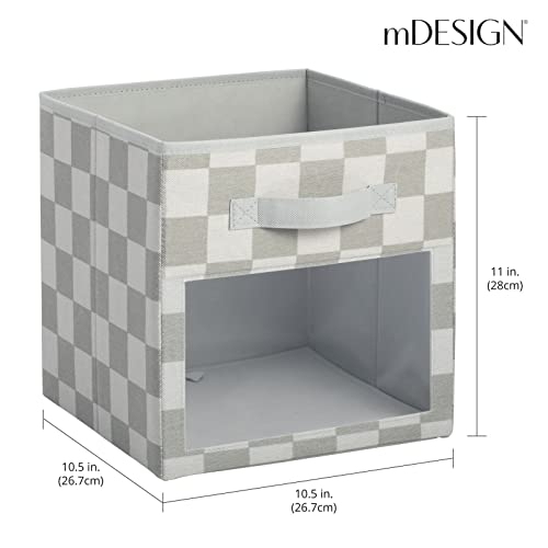 mDesign Fabric Nursery/Playroom Closet Storage Organizer Bin Box, Front Handle/Window for Cube Furniture Shelving Unit, Hold Toys, Clothes, Diapers, Bibs, 4 Pack, Gray Checkered