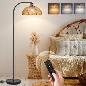brilvibera modern black dimmable floor lamp with remote control, hand-worked rattan shades, bohemian style for living room, bedroom, office