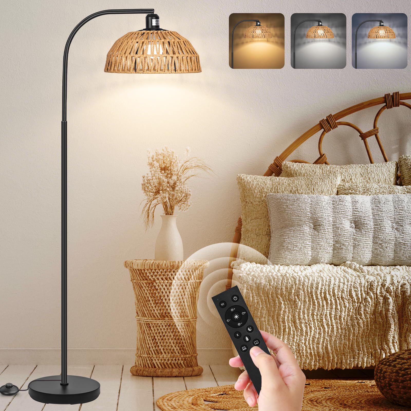 Brilvibera Modern Black Dimmable Floor Lamp with Remote Control, Hand-Worked Rattan Shades, Bohemian Style for Living Room, Bedroom, Office