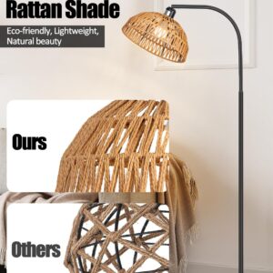 Brilvibera Modern Black Dimmable Floor Lamp with Remote Control, Hand-Worked Rattan Shades, Bohemian Style for Living Room, Bedroom, Office