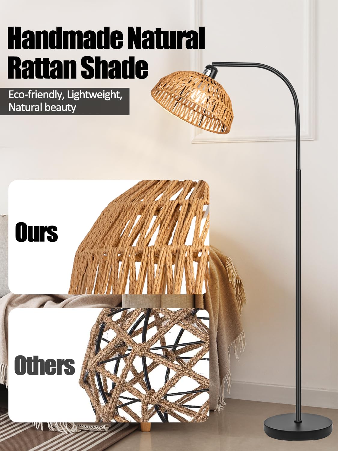 Brilvibera Modern Black Dimmable Floor Lamp with Remote Control, Hand-Worked Rattan Shades, Bohemian Style for Living Room, Bedroom, Office