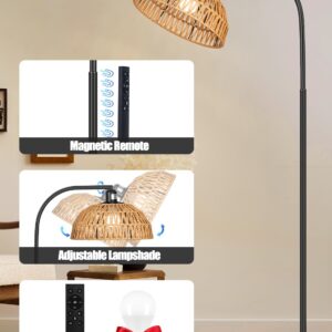 Brilvibera Modern Black Dimmable Floor Lamp with Remote Control, Hand-Worked Rattan Shades, Bohemian Style for Living Room, Bedroom, Office