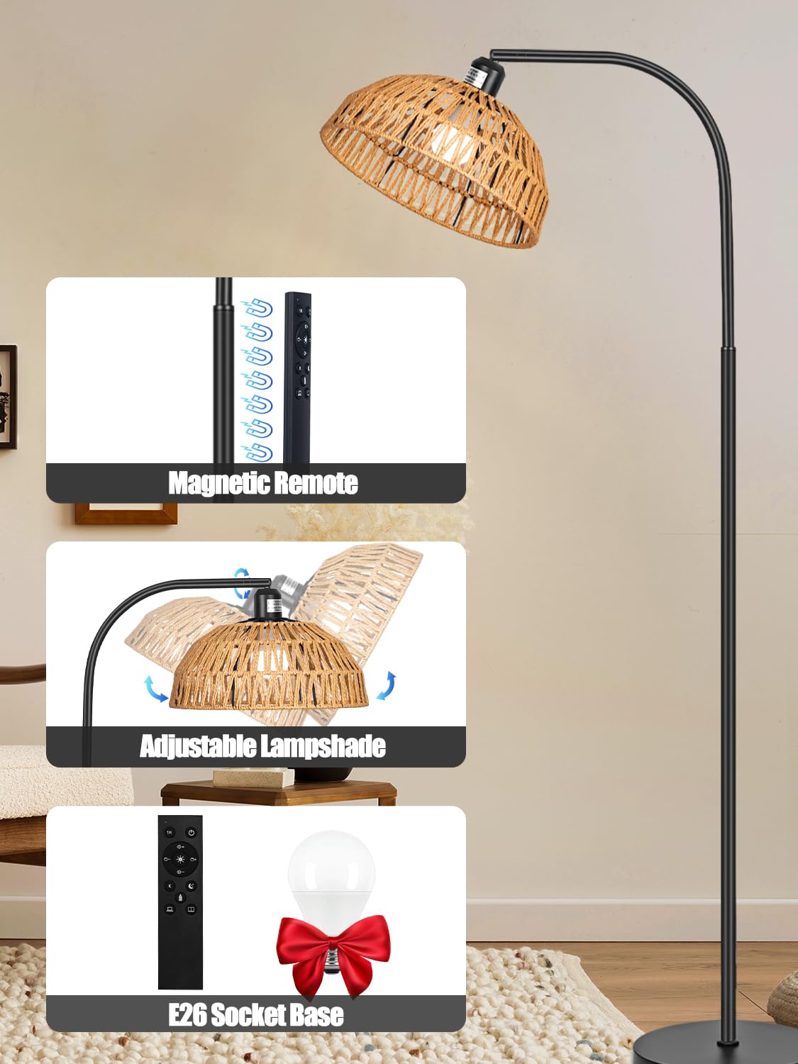 Brilvibera Modern Black Dimmable Floor Lamp with Remote Control, Hand-Worked Rattan Shades, Bohemian Style for Living Room, Bedroom, Office