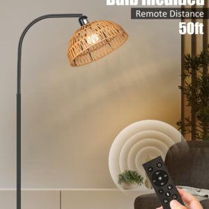 Brilvibera Modern Black Dimmable Floor Lamp with Remote Control, Hand-Worked Rattan Shades, Bohemian Style for Living Room, Bedroom, Office