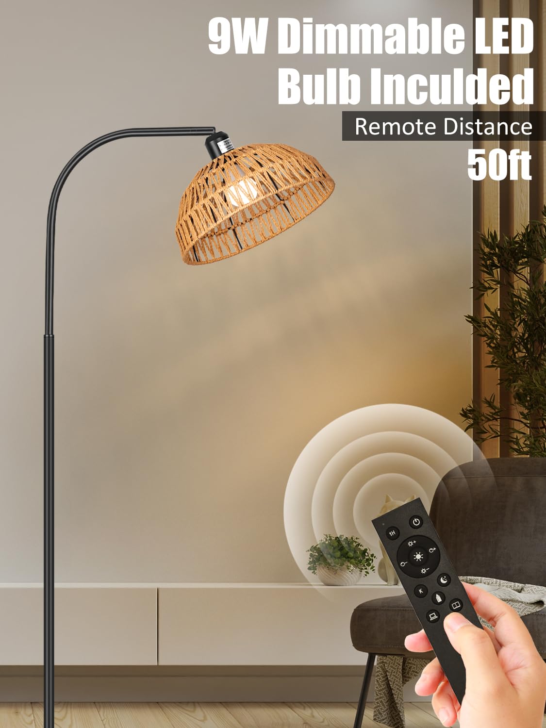 Brilvibera Modern Black Dimmable Floor Lamp with Remote Control, Hand-Worked Rattan Shades, Bohemian Style for Living Room, Bedroom, Office