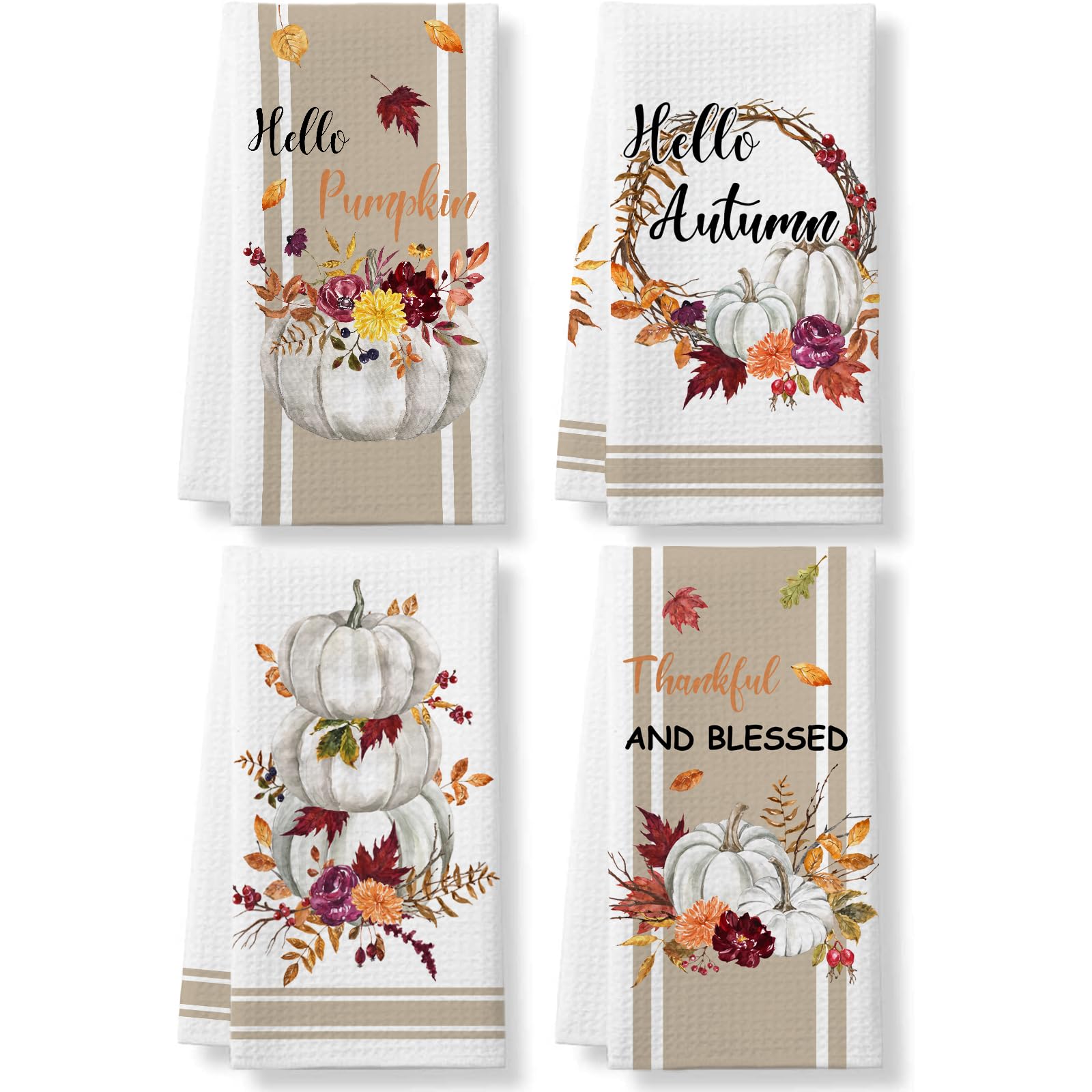 PAJAROAZUL Fall Kitchen Towels Set of 4 Decorative Autumn Pumpkin Seasonal Dish Towels, 16 X 24 Inch Fall Thanksgiving Farmhouse Decoration Absorbent Drying Tea Towel Hand Cloth for Home Kitchen