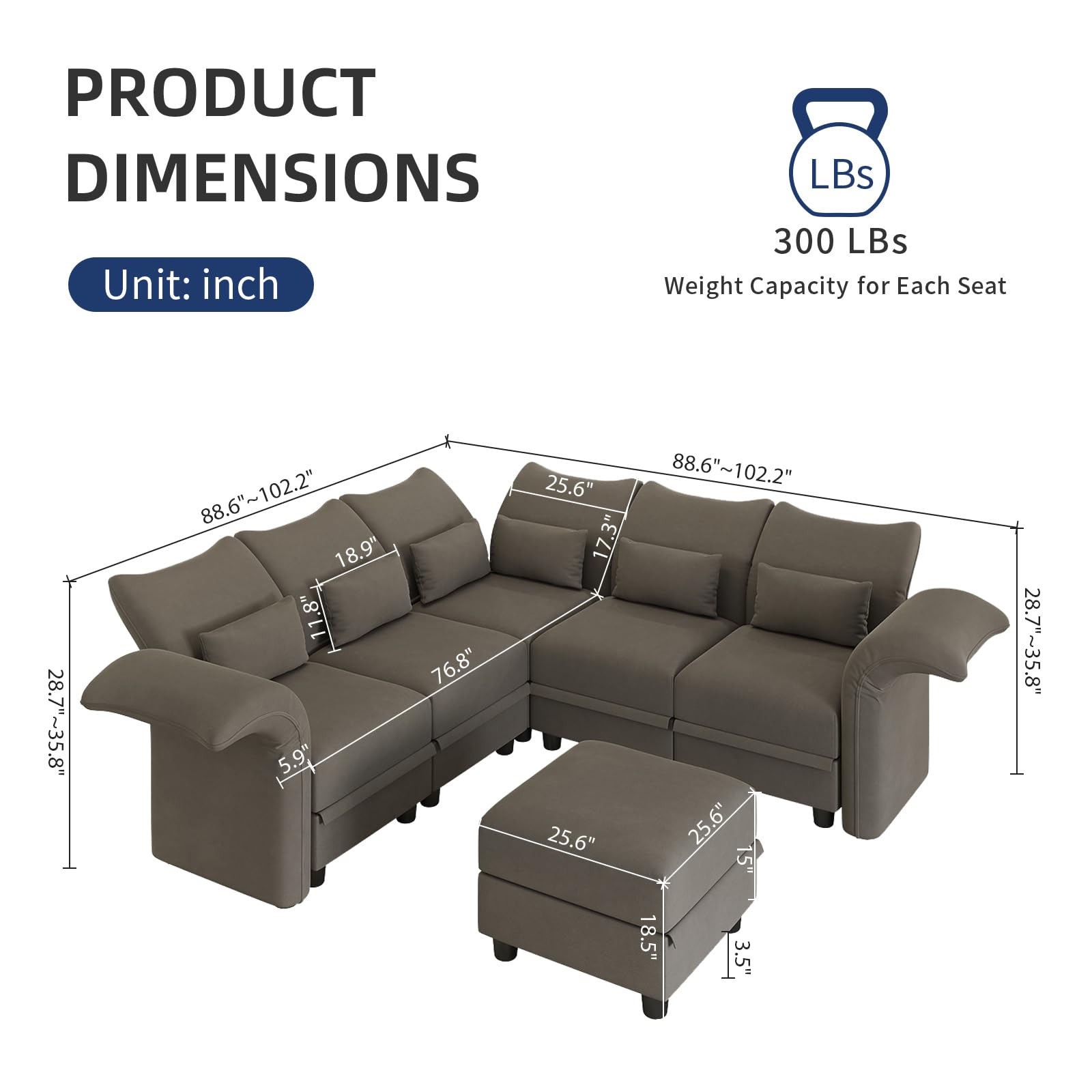 LLappuil Velvet Modular Sectional Sofa L Shaped Corner Couch with Storage Chaise, 102.2" 6-Seater Oversized Sofa with Ottoman, High Back Recliner Sleeper Couches, Anti-Scratch Brown
