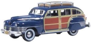 1942 chrysler town & country woody wagon south sea blue with wood panels and roof rack 1/87 (ho) scale diecast model car by oxford diecast 87cb42002