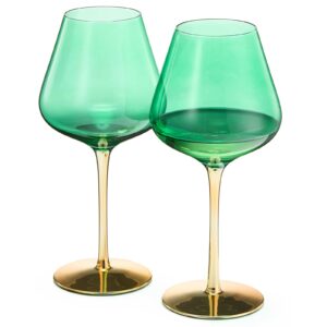art deco colored wine glasses, gold | set of 2 | 20 oz classic cocktail glassware for red or white wine, gin & tonic, champagne, crystal speakeasy style goblets stems, vintage blue, teal, green (20oz)