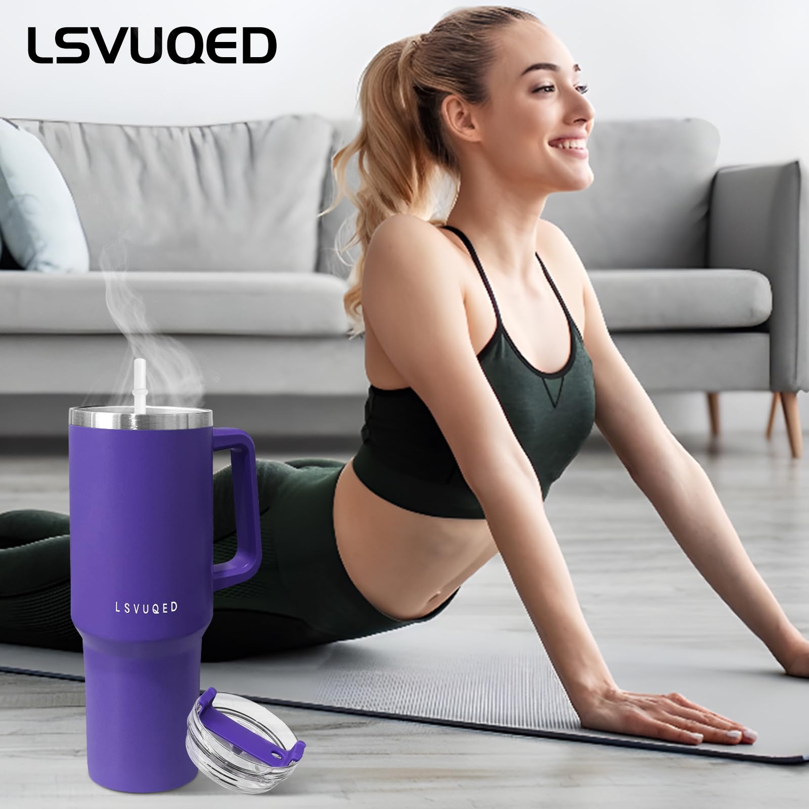 LSVUQED Insulated Cup Vacuum Insulated Stainless Steel Water Bottle,40 oz Tumbler with Handle Perfect for Car Cup Holders.(Purple)