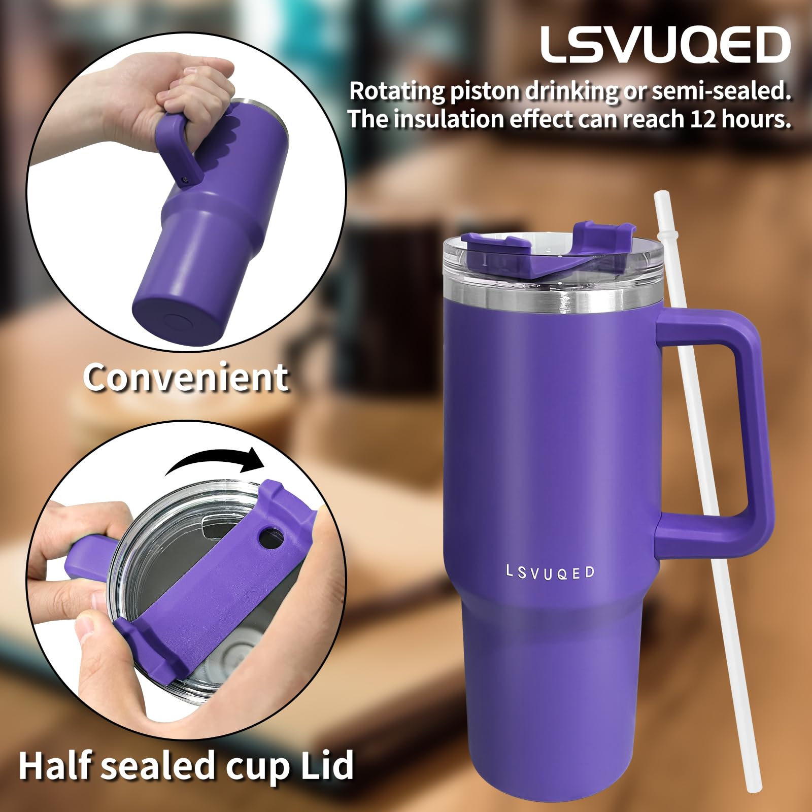 LSVUQED Insulated Cup Vacuum Insulated Stainless Steel Water Bottle,40 oz Tumbler with Handle Perfect for Car Cup Holders.(Purple)