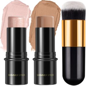 2pcs cream contour stick makeup kit, cream highlighter stick and bronzer contour stick with longwear waterproof formula for brightening and trimming the cheeks, makeup brush include (#03, 09)