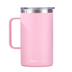 vigor path 24oz insulated coffee mug with handle and sliding lid - double wall vacuum stainless steel mug for travel, office, and daily use (pink)
