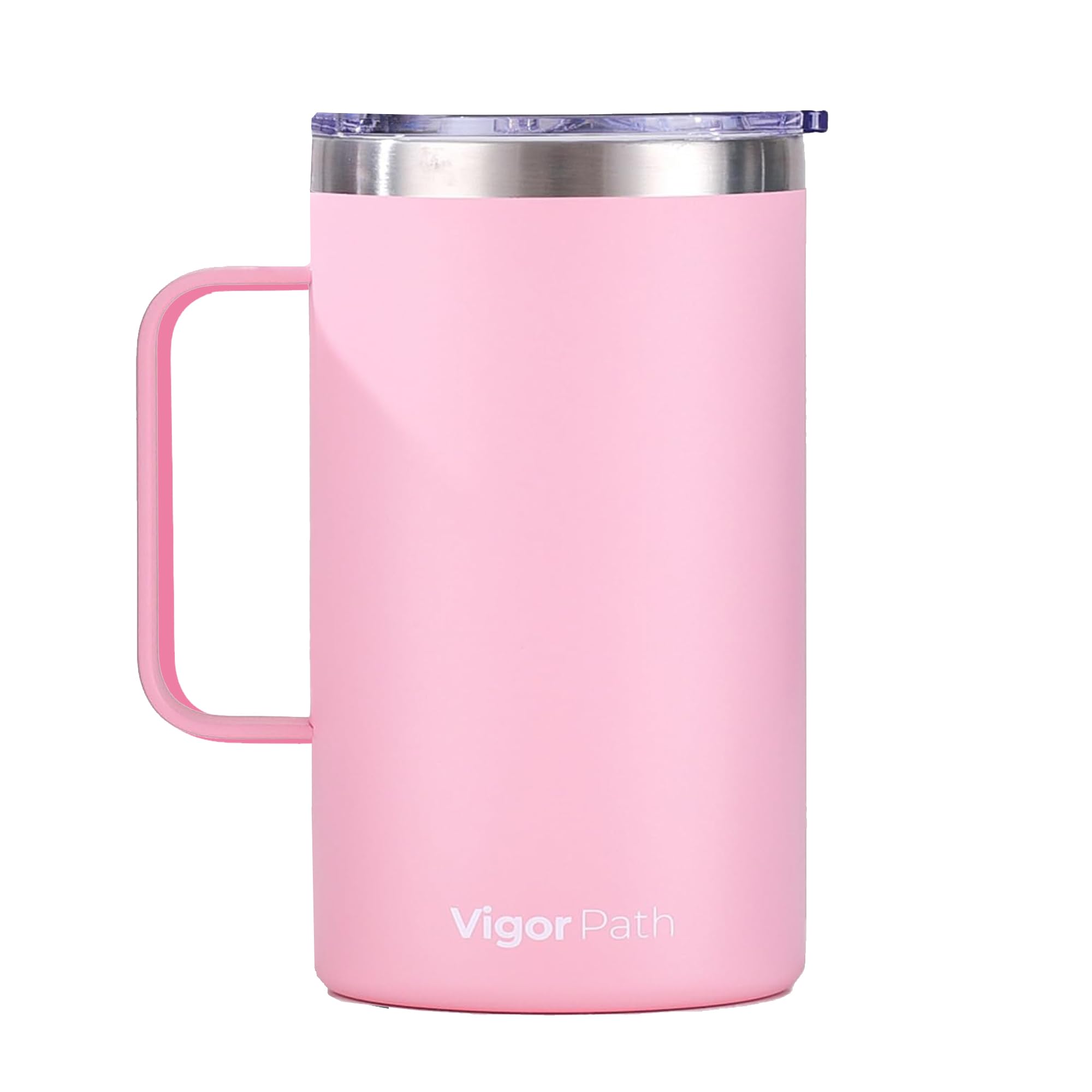 VIGOR PATH 24oz Insulated Coffee Mug with Handle and Sliding Lid - Double Wall Vacuum Stainless Steel Mug for Travel, Office, and Daily Use (Pink)