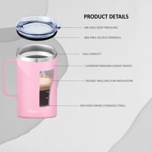 VIGOR PATH 24oz Insulated Coffee Mug with Handle and Sliding Lid - Double Wall Vacuum Stainless Steel Mug for Travel, Office, and Daily Use (Pink)