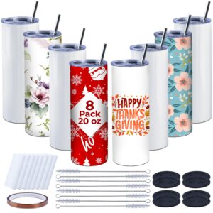 goods for you sublimation tumblers 20 oz - sublimation blanks, stainless steel double wall insulated straight & skinny tumbler individually gift boxed with lids, straws & all accessories, 8 pack