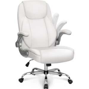 neo chair ergonomic office chair pu leather executive chair padded flip up armrest computer chair adjustable height high back lumbar support wheels swivel for gaming desk chair (white)