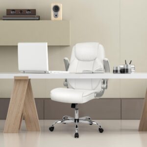 NEO CHAIR Ergonomic Office Chair PU Leather Executive Chair Padded Flip Up Armrest Computer Chair Adjustable Height High Back Lumbar Support Wheels Swivel for Gaming Desk Chair (White)