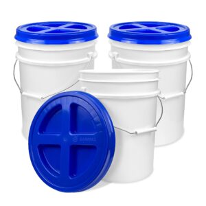 epackagesupply, 5 gallon white bucket with blue gamma seal screw on airtight lid (3 count), food grade storage, premium hpde plastic, bpa free, durable 90 mil all purpose pail, made in usa