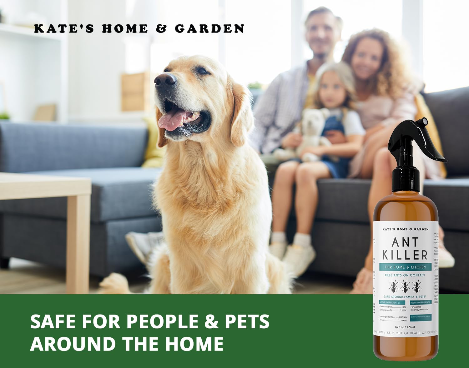 Kate's Home & Garden Ant Killer Indoor Safe for Pets and Kids (16oz) Roach & Ant Killer Spray for Indoor & Outdoor. Insecticide for Ants and Roaches with Natural Cedarwood Oil