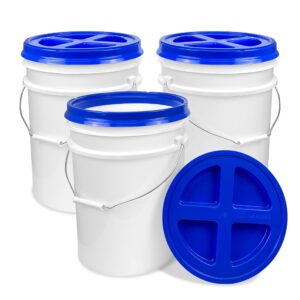 ePackageSupply, 5 Gallon White Bucket with Blue Gamma Seal Screw on Airtight Lid (3 Count), Food Grade Storage, Premium HPDE Plastic, BPA Free, Durable 90 Mil All Purpose Pail, Made in USA