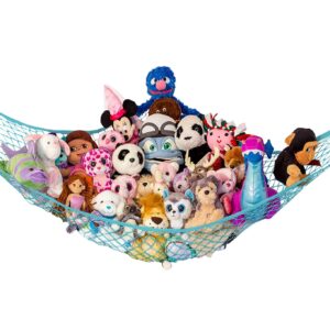 lilly's love large stuffed animal net hammock for plushie toys | corner hanging organizer for your teddy and stuffy collection | easy to hang w/included anchors & hooks - light blue