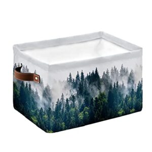 Green Forest Storage Basket for Shelves, Spring Summer Botanical Natural Scenery Storage Cube Fabric Storage Bins, Closet Organizers with Handles for Book, Toys, Cloth, 15"x11"x9.5", 1 Pack