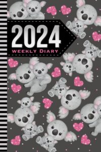 2024 weekly diary: 6x9 dated personal organizer / daily scheduler with checklist - to do list - note section - habit tracker / organizing gift / cartoon gray baby koala bear - pink heart pattern