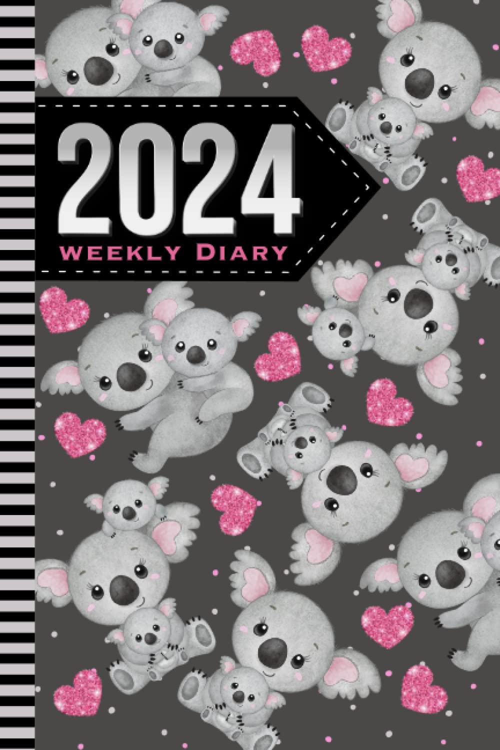 2024 Weekly Diary: 6x9 Dated Personal Organizer / Daily Scheduler With Checklist - To Do List - Note Section - Habit Tracker / Organizing Gift / Cartoon Gray Baby Koala Bear - Pink Heart Pattern