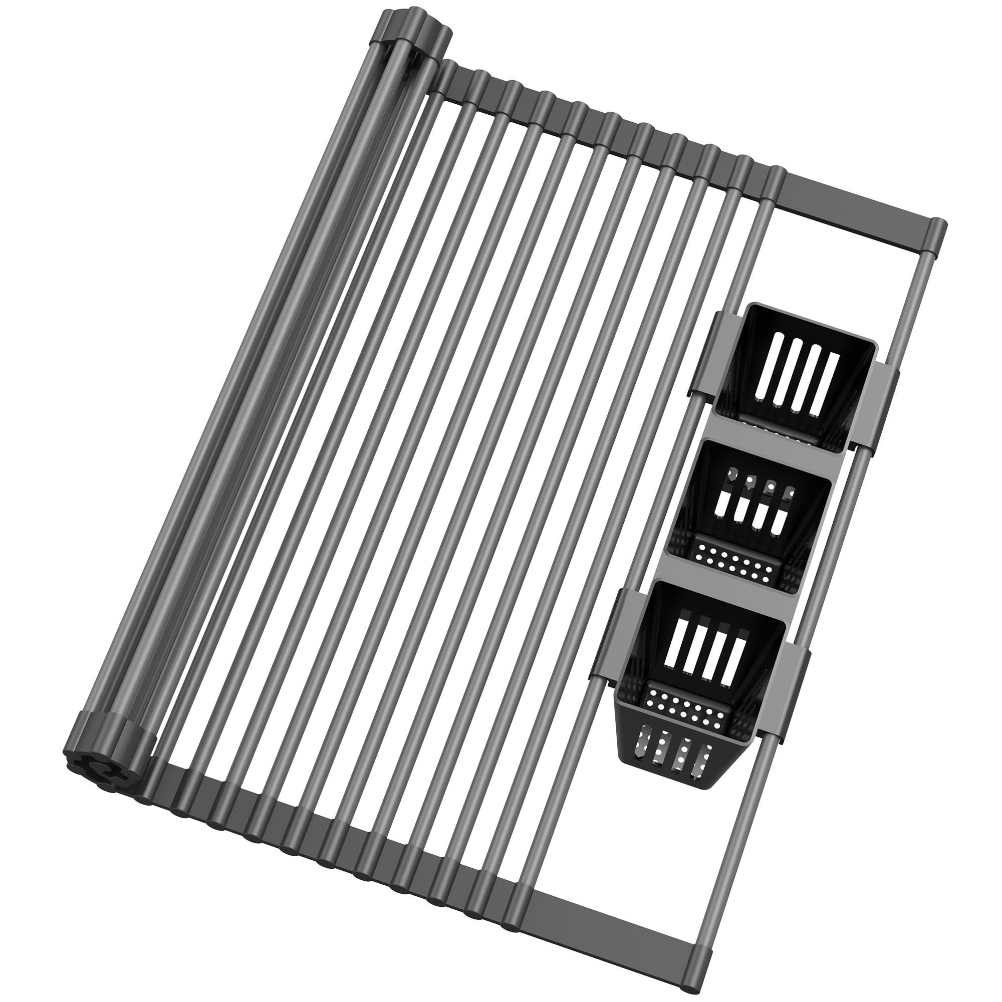Roll Up Dish Drying Rack, Silicone Wrapped Over The Sink Multipurpose Foldable Dish Drainer Anti-Slip Dish Racks for Kitchen Counter, Sink Drying Rack Cover with Utensil Holder (Black, 17.3" x 17.6")