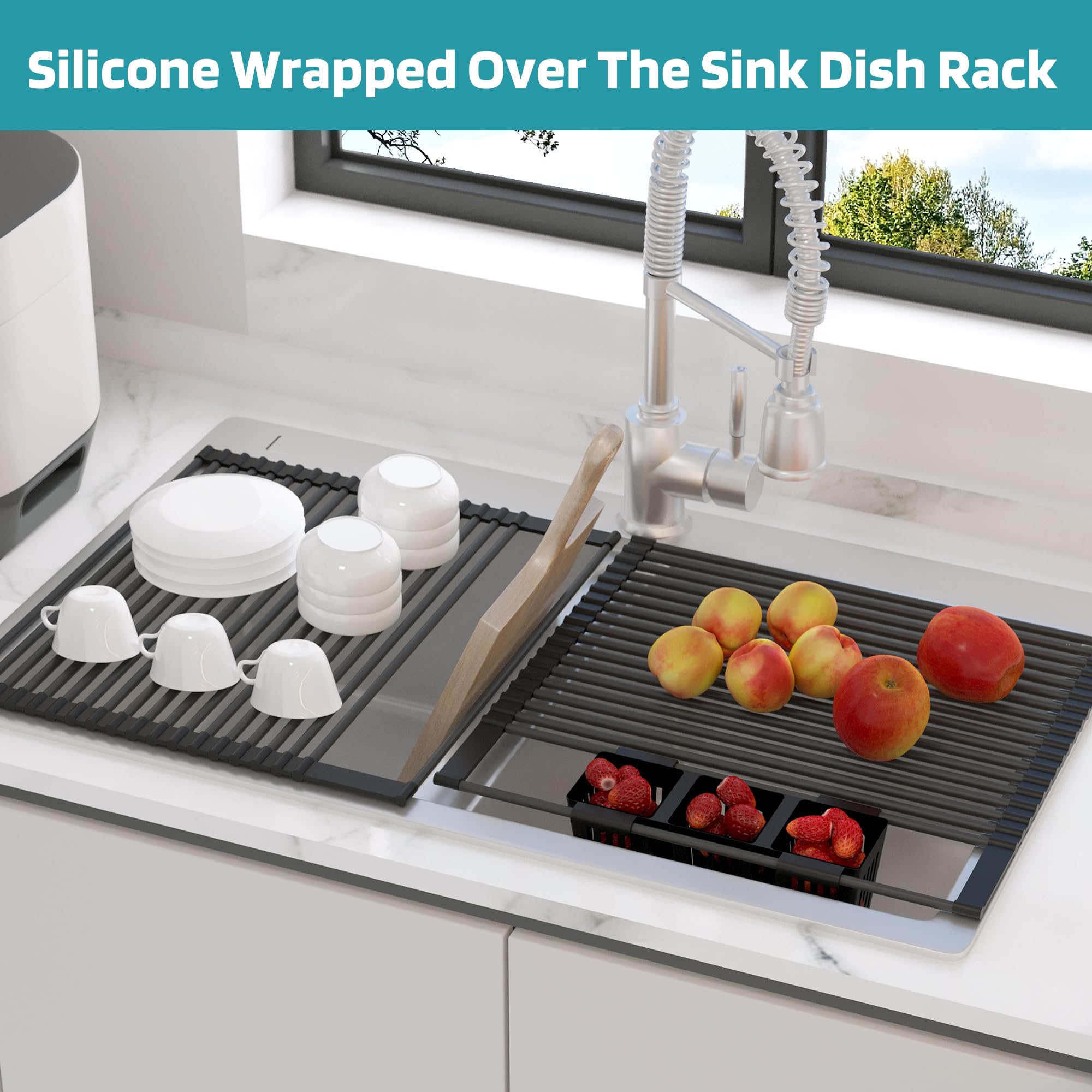 Roll Up Dish Drying Rack, Silicone Wrapped Over The Sink Multipurpose Foldable Dish Drainer Anti-Slip Dish Racks for Kitchen Counter, Sink Drying Rack Cover with Utensil Holder (Black, 17.3" x 17.6")