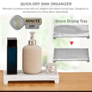 Salient Marble Instant Dry Sink Caddy under Organizer - Water-Absorbing Stone Tray for Kitchen/Bathroom, Fast-Drying Mat, Sponge and Soap Holder, 9.8in x 3.5in x 1.5in (White)