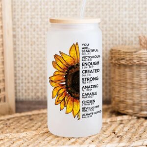 Christian Gifts for Women, Catholic Faith Religious Gift, Friendship Birthday Gifts for Friends, Spiritual Inspirational ＆ Encouragement-20 oz Can Glass, Uplifting Sunflower Gift for Sister, Mom