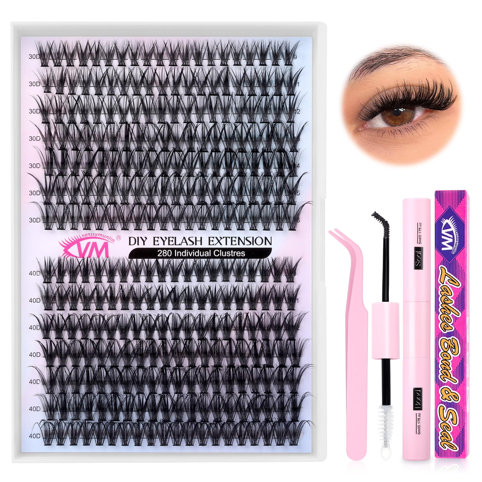 Lash Extension Kit 280Pcs Lash Clusters DIY Individual Lashes Eyelash Extension Kit D Curl Volume Cluster Lashes Wispy with Long Lasting Lash Bond and Seal and Lash Tweezers for Eyelash Extension