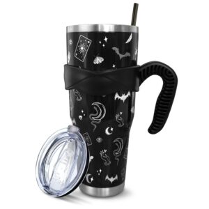 goth black 40 oz tumbler with handle and straw, large big stainless steel vacuum insulated tumbler iced coffee cup water bottle travel mug, witchy gothic gifts decor accessories stuff, halloween gifts