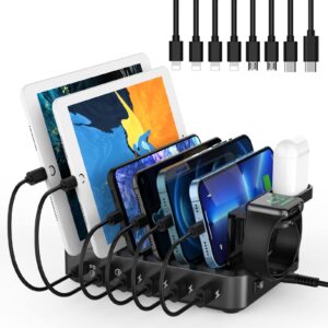charging station for multiple devices,68w 6 ports usb charger station with 20w pd usb-c fast charging,8 short charging cables included,compatible with iphone 15/14 /13/12, galaxy ipad,tablets